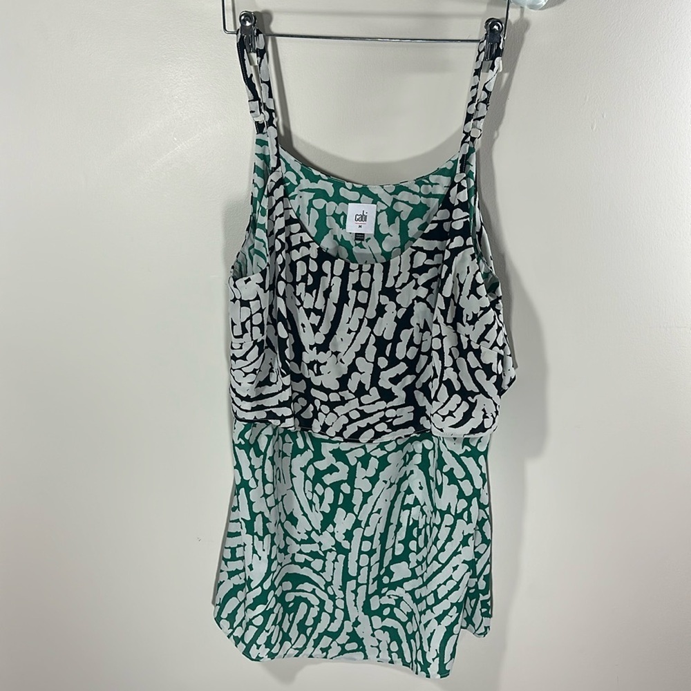 CAbi Hobnob Cami‎ Size Medium Black White Green Tank Top Blouse Layered